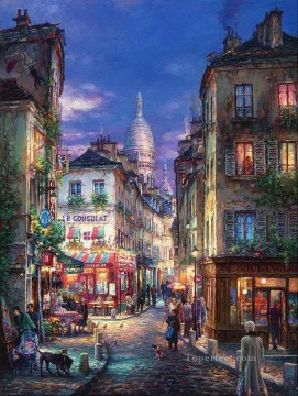 Pasee por las tiendas de la calle del paisaje urbano de Montmartre Pinturas al óleo